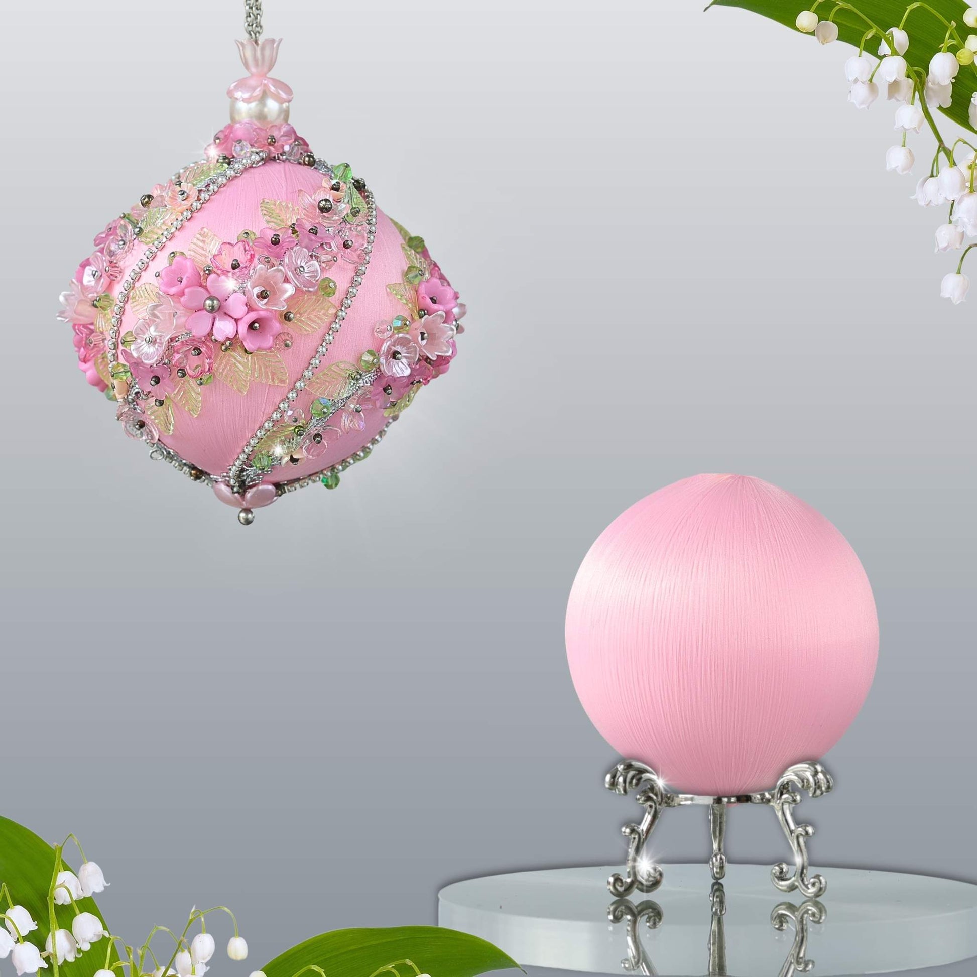 DIY Christmas Push Pin Ornament Kit Garland with floral details is showing two satin balls - one on a gold stand for the project, and one is an example of a handmade finished ball decoration by Whim5seasons.