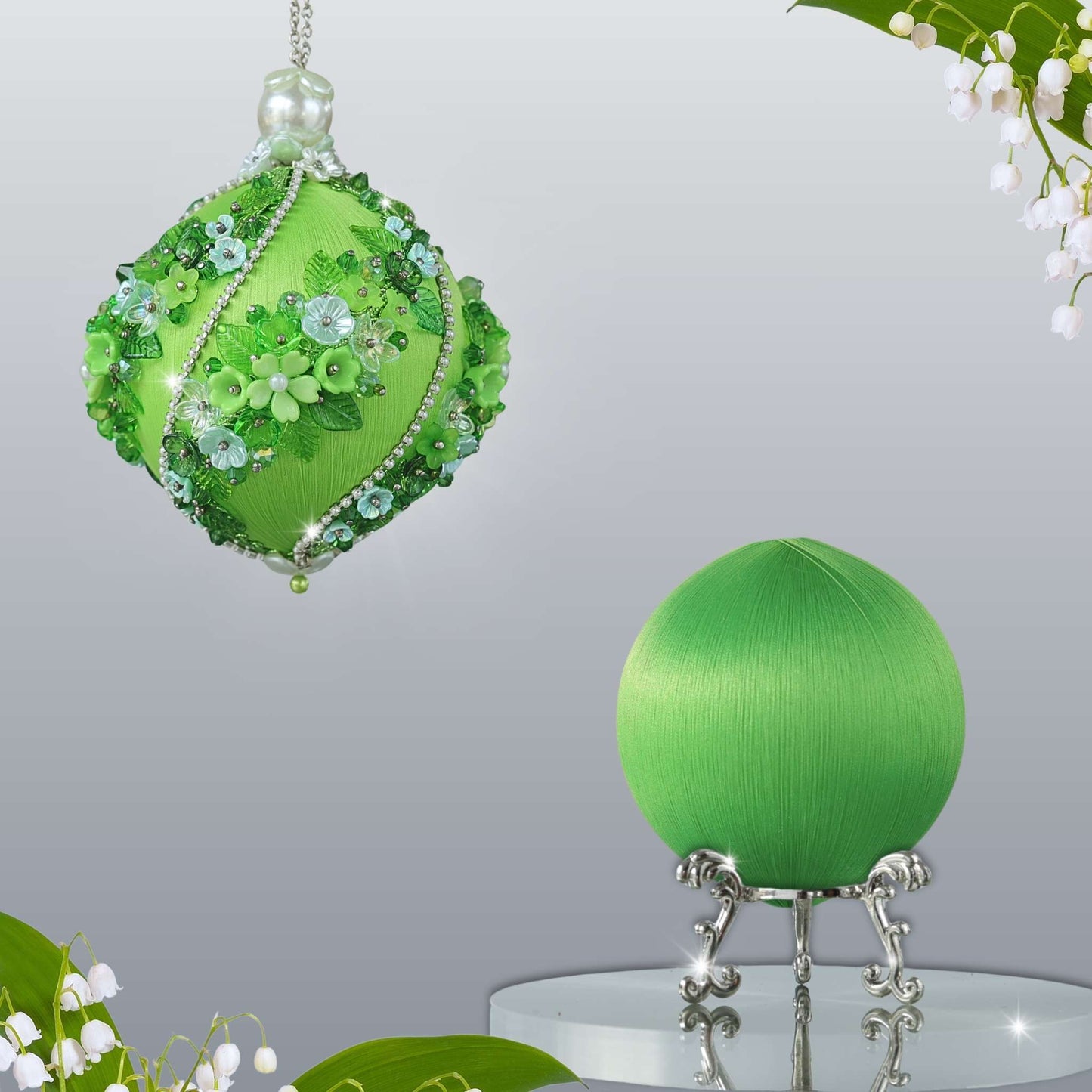 DIY Christmas Push Pin Ornament Kit Garland with floral details is showing two satin balls - one on a gold stand for the project, and one is an example of a handmade finished ball decoration by Whim5seasons.