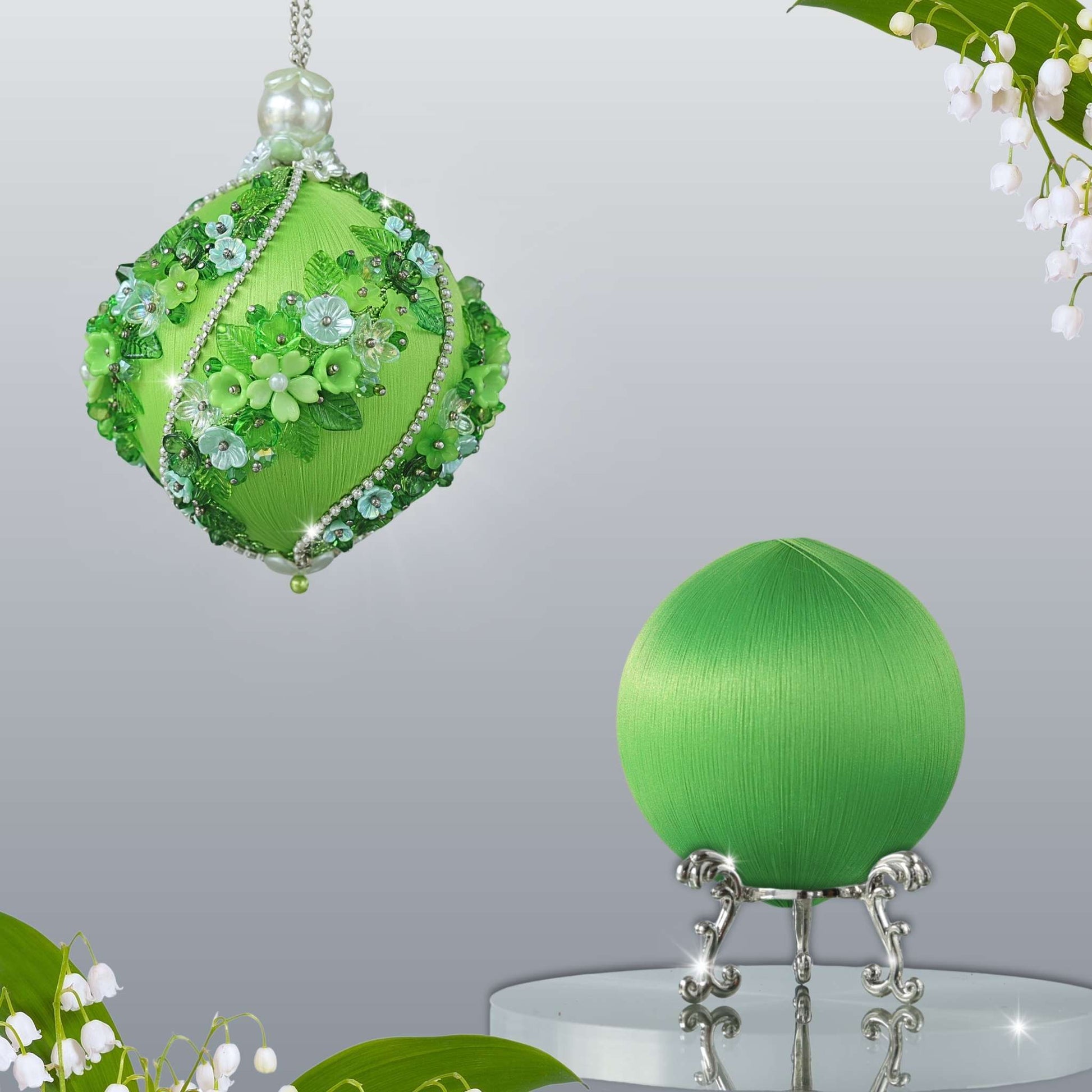 DIY Christmas Push Pin Ornament Kit Garland with floral details is showing two satin balls - one on a gold stand for the project, and one is an example of a handmade finished ball decoration by Whim5seasons.
