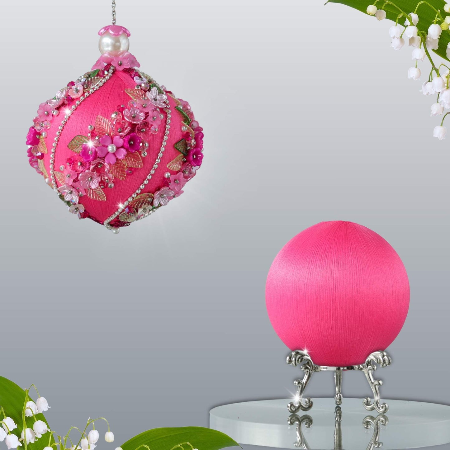 DIY Christmas Push Pin Ornament Kit Garland with floral details is showing two satin balls - one on a gold stand for the project, and one is an example of a handmade finished ball decoration by Whim5seasons.