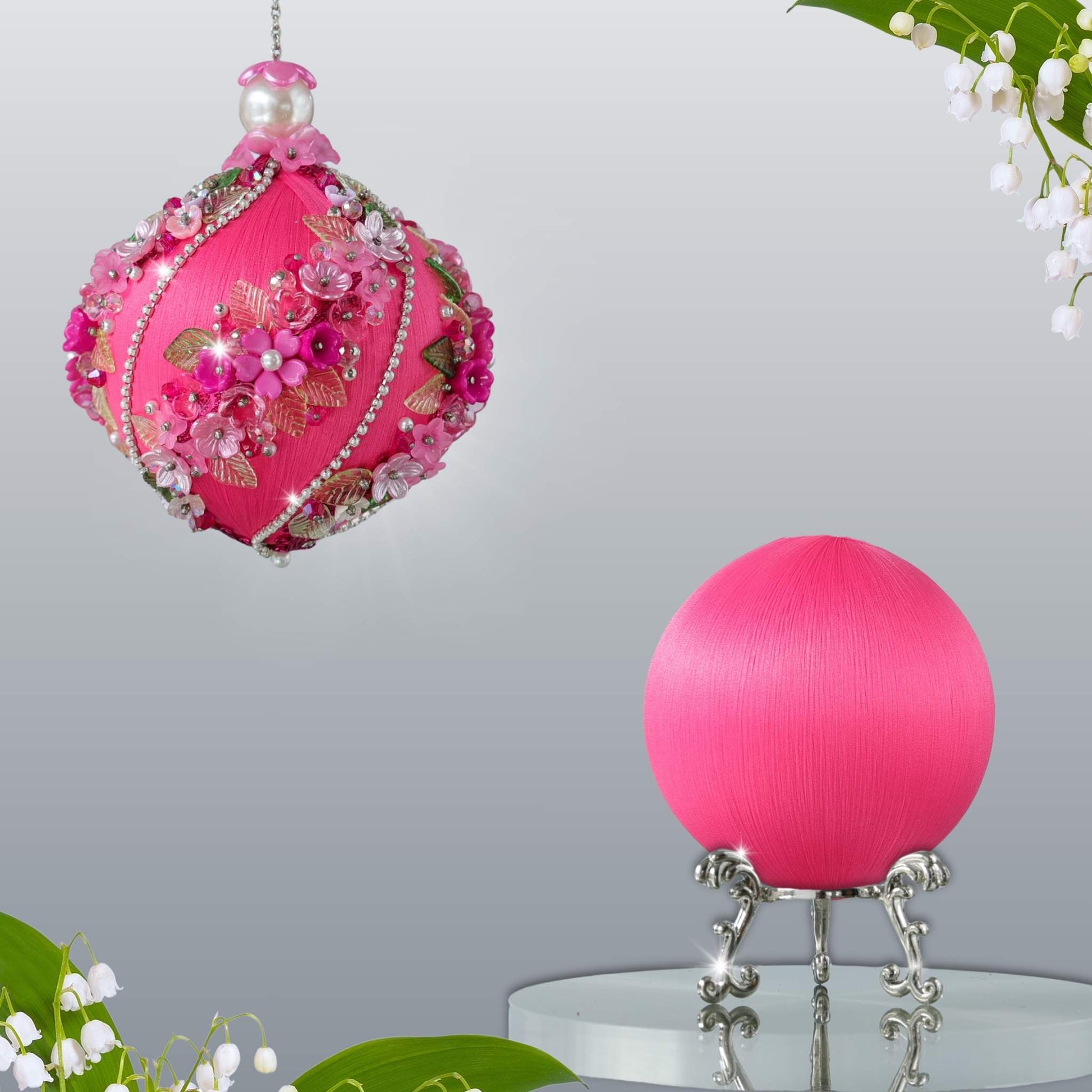 DIY Christmas Push Pin Ornament Kit Garland with floral details is showing two satin balls - one on a gold stand for the project, and one is an example of a handmade finished ball decoration by Whim5seasons.