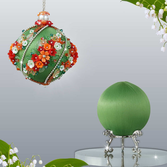 DIY Christmas Push Pin Ornament Kit Garland with floral details is showing two satin balls - one on a silver stand for the project, and one is an example of a handmade finished ball decoration by Whim5seasons.