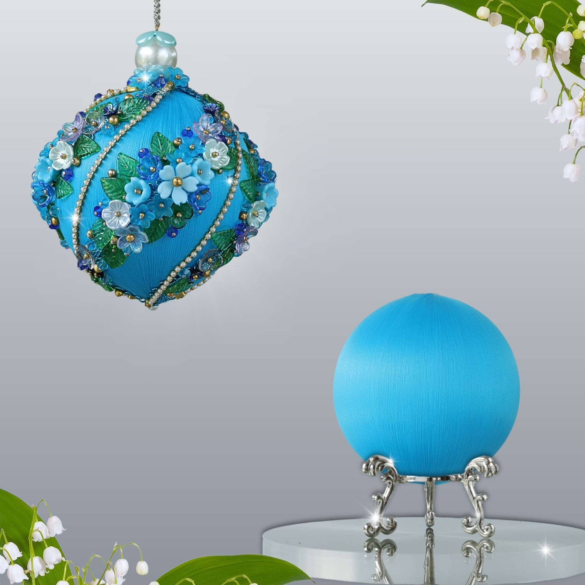 DIY Christmas Push Pin Ornament Kit Garland with floral details is showing two satin balls - one on a gold stand for the project, and one is an example of a handmade finished ball decoration by Whim5seasons.