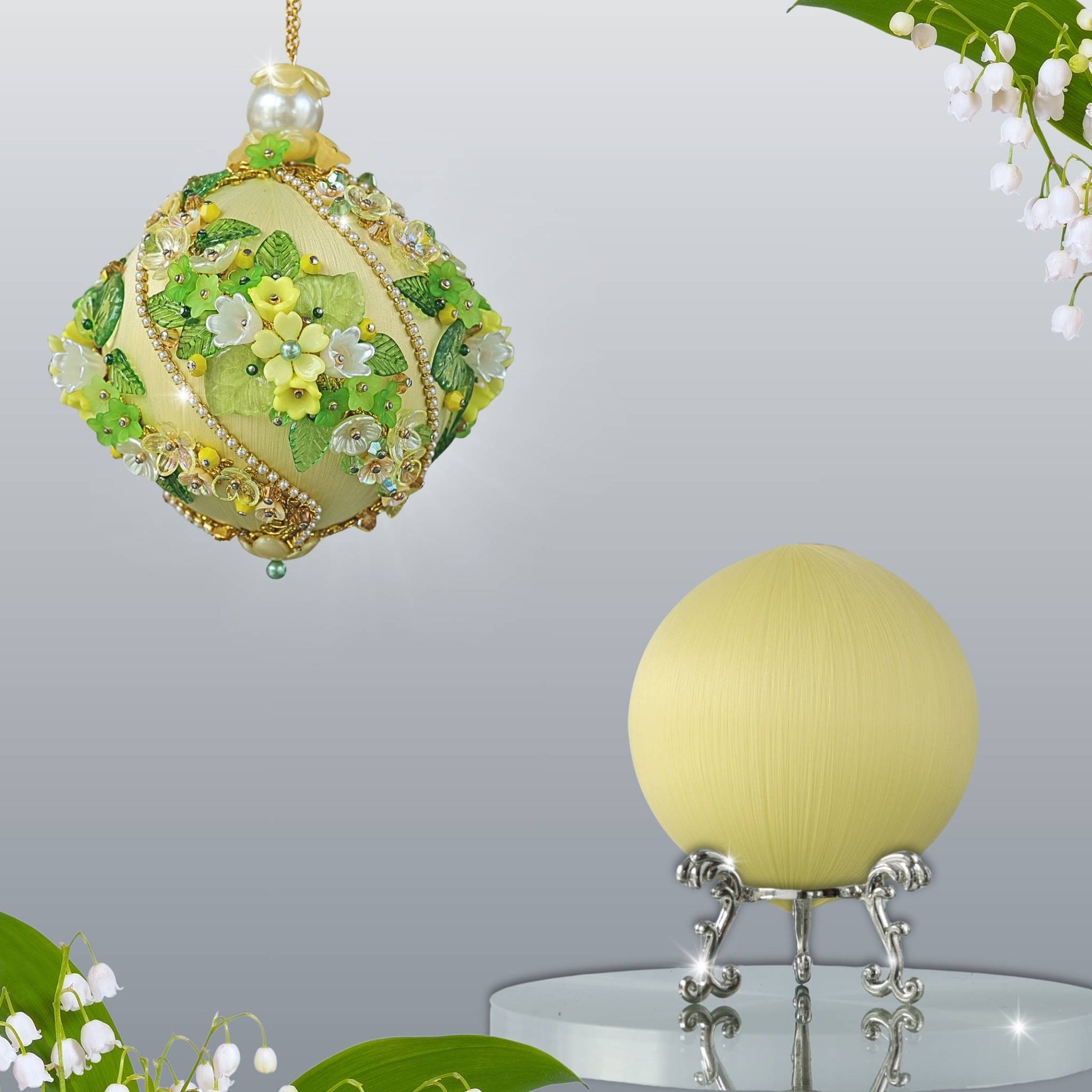 DIY Christmas Yellow Push Pin Beaded Ornament Kit Garland is showing two satin balls - one on a gold stand for the project, and one is an example of a handmade finished ball decoration by Whim5seasons.