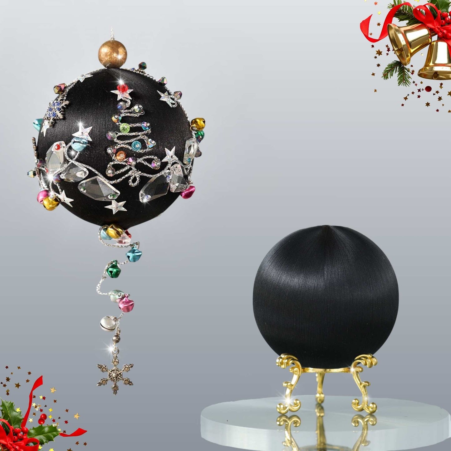 Jingle Bells - DIY Push Pin Ornament Kit includes black satin foam core ball, large glass beads, sparkling silver trim, sequins, and alloy snowflakes, set against a white brick backdrop by Whim5seasons.