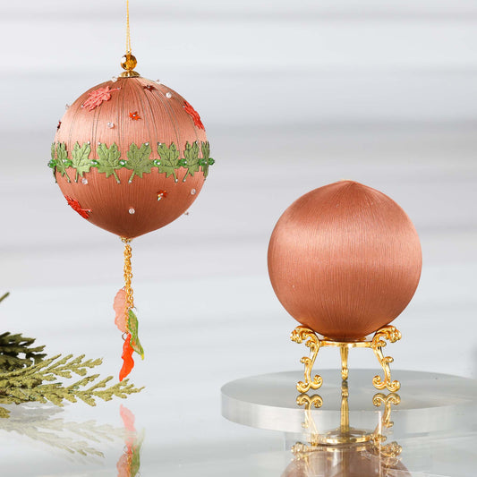 Push Pin Ornament Kit in rose brown color features green, orange, and brown maple leaf charms, gold chain, and a satin foam core on a light gray background. (RosyBrown)
