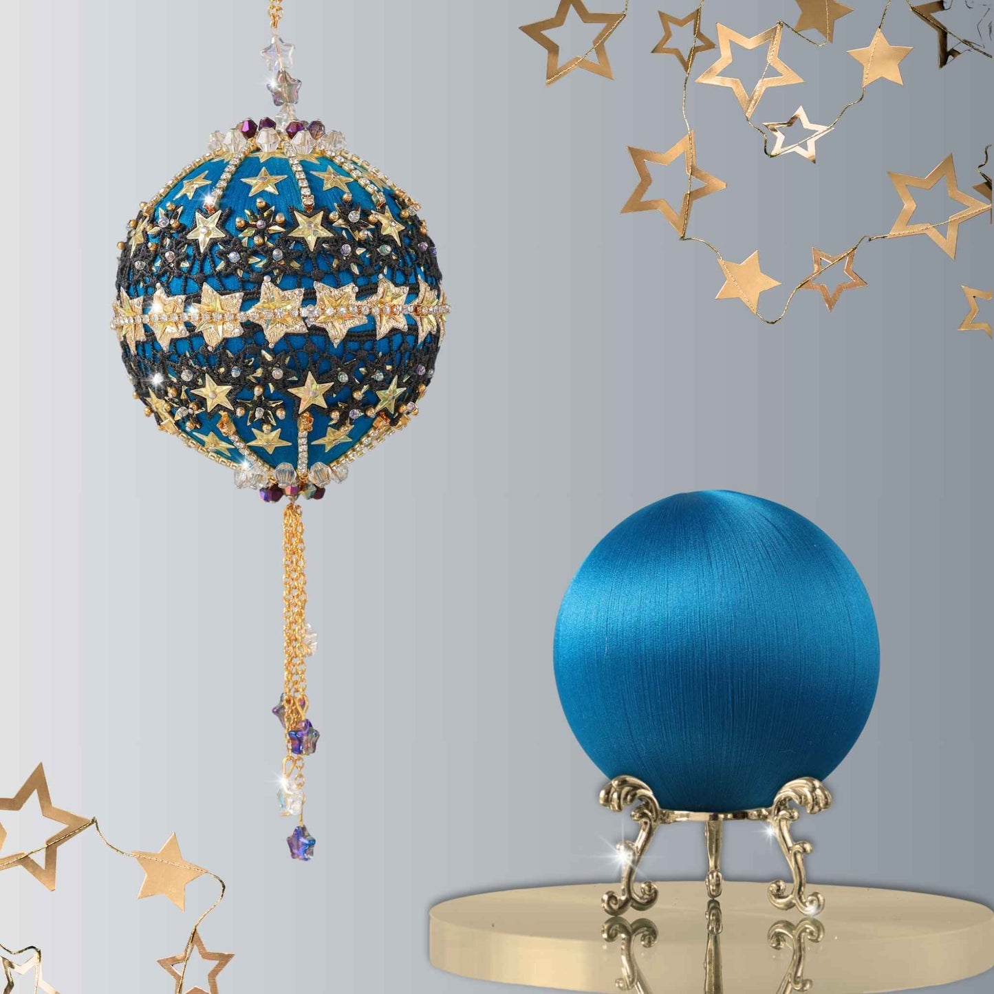 Christmas Push Pin Ornament Kit in a dark teal color from Whim5seasons -New Year Star - features a satin foam ball, gold rhinestone chains, and star sequins set against a light background. 