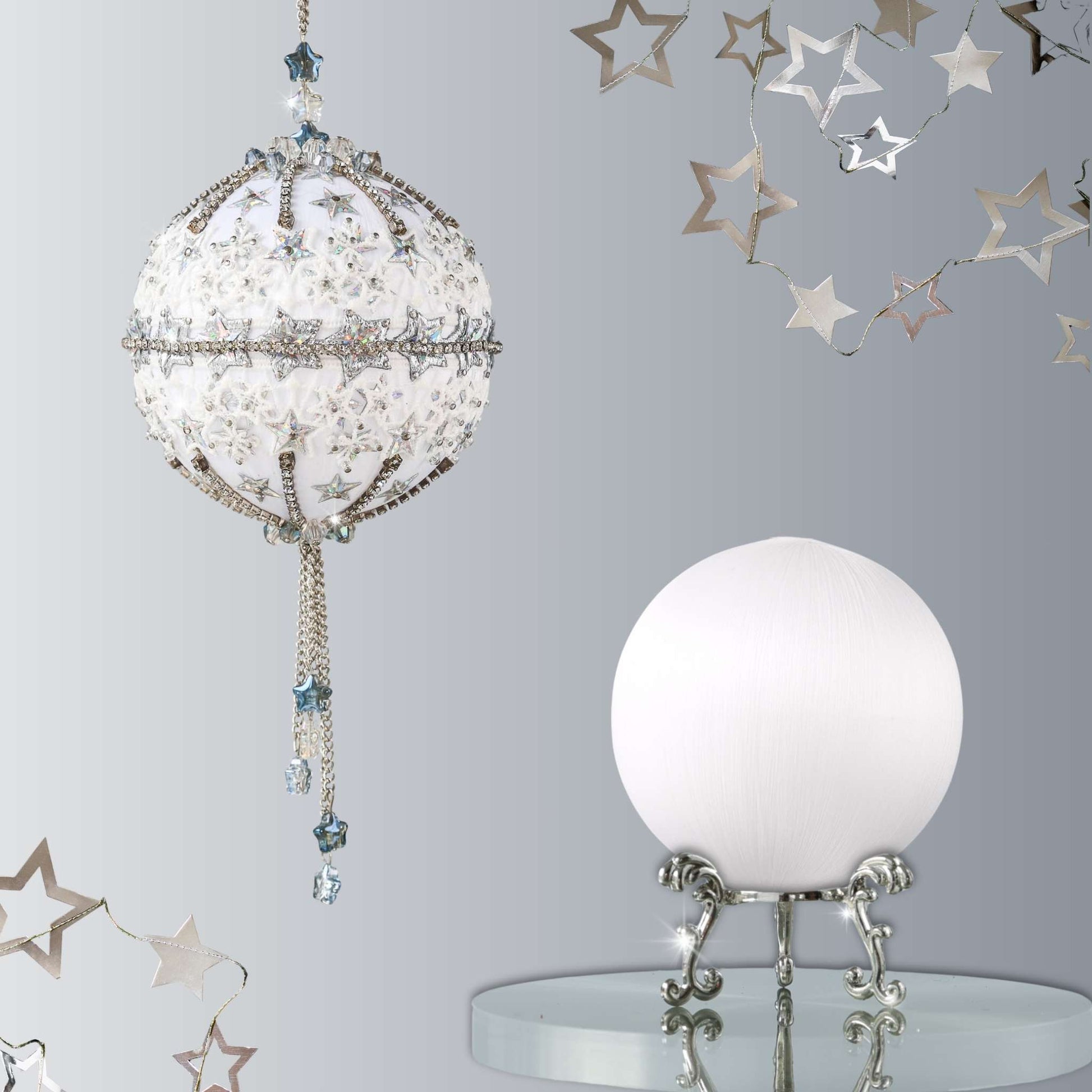 Christmas Push Pin Ornament Kit in white color from Whim5seasons -New Year Star - features white satin foam ball, silver rhinestone chains, and star sequins.