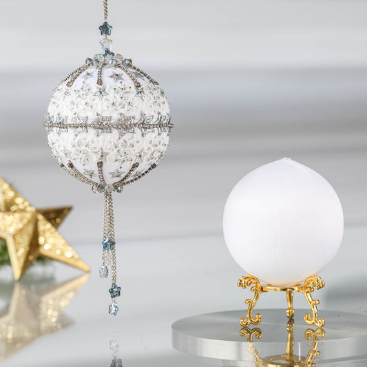Christmas Push Pin Ornament Kit in white color from Whim5seasons -New Year Star - features white satin foam ball, silver rhinestone chains, and star sequins. (White)