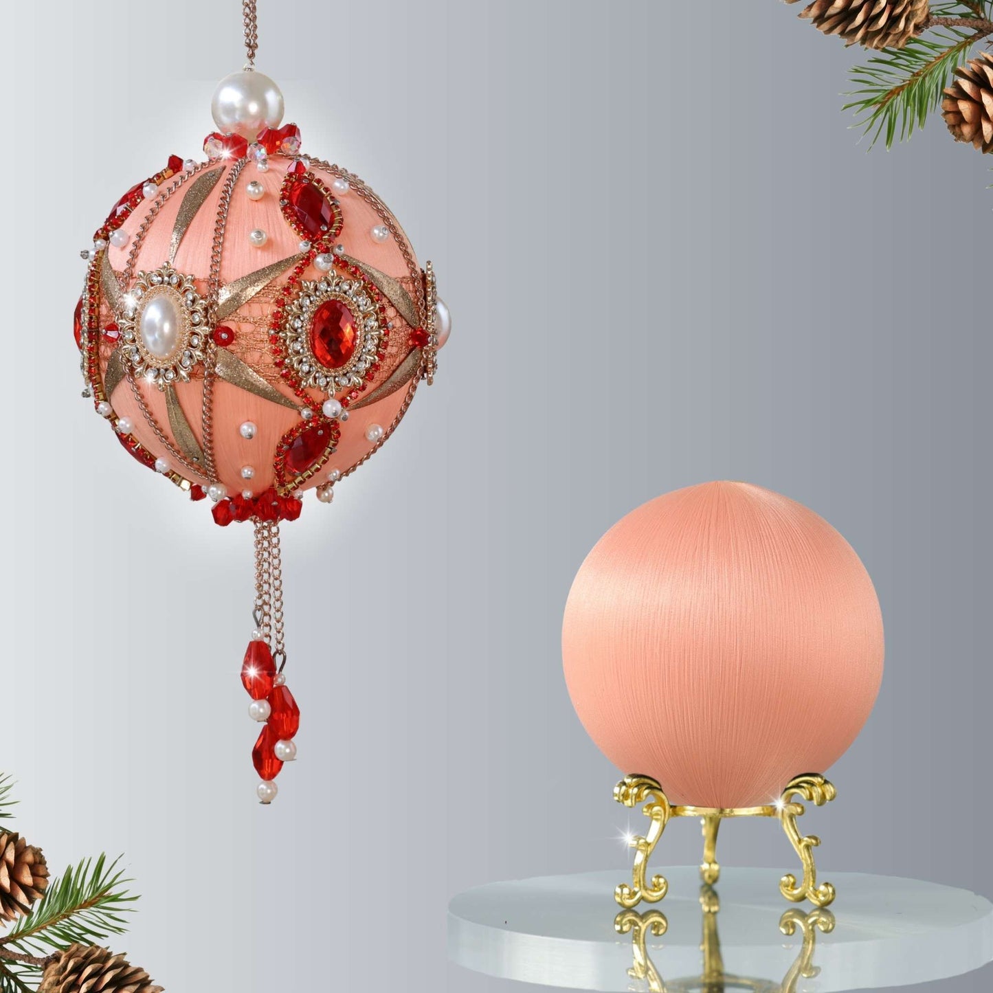 Two satin balls - one is a completed handmade push pin ornament, and the other is a coral-colored foam base to be used for a DIY Christmas craft project by Whim5seasons.