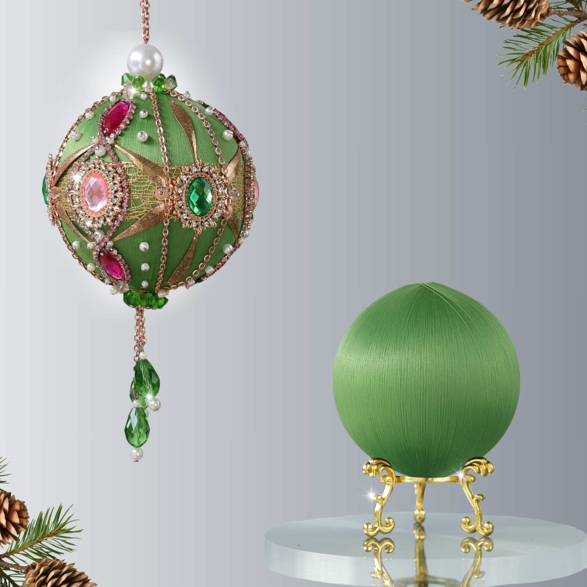 Two satin balls - one is a stunning handcrafted push pin ornament, and the other is a green foam base to be used for a DIY Christmas craft project by Whim5seasons.