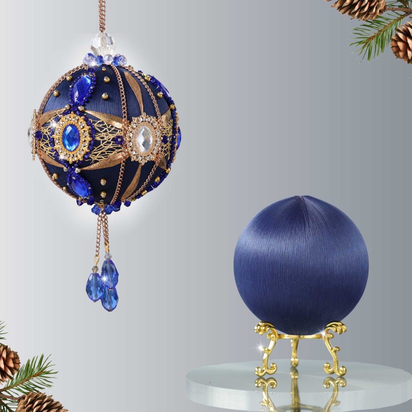 Two satin balls - one is a completed handmade satin ornament, and the other is a dark navy foam ball to be used for a DIY Christmas craft project by Whim5seasons.