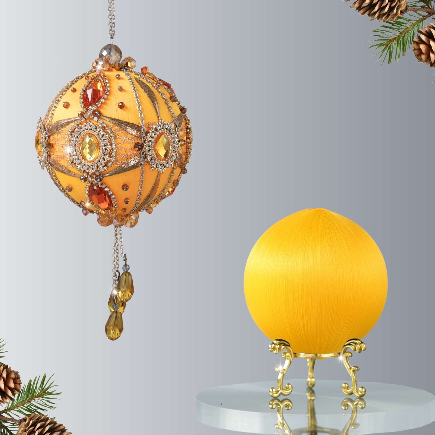 Christmas ornament kit showing two balls - one is a complete handmade yellow push pin ornament with gemstones , and the other is a satin foam ball to be decorated by Whim5seasons.