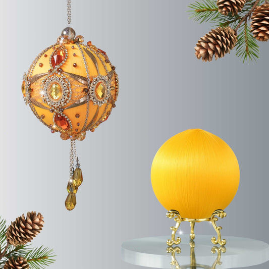 Christmas ornament kit showing two balls - one is a complete handmade yellow push pin ornament with gemstones , and the other is a satin foam ball to be decorated by Whim5seasons. (Light Yellow)