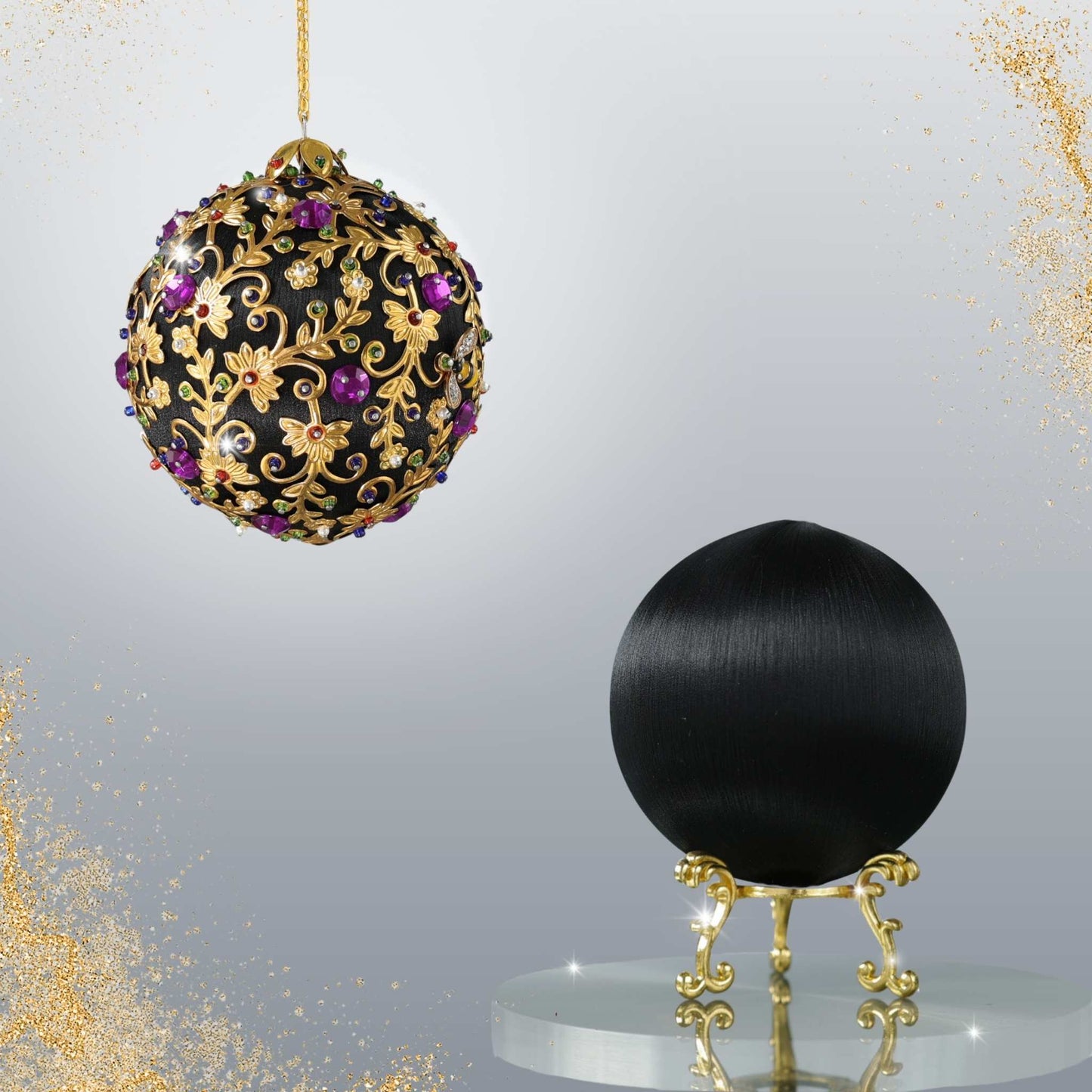 Quam Beginner-Friendly Push Pin Ornament Kit features black satin ball, gold embellishments, and purple rhinestones from Whim5seasons.