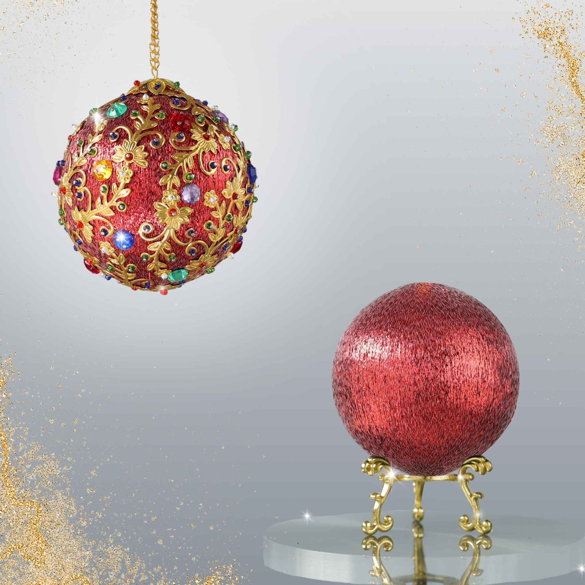 Two satin balls in a stanning shiny metallic red - one is a completed push pin ornament, and the other is a green foam base to be used for a DIY craft project by Whim5seasons.