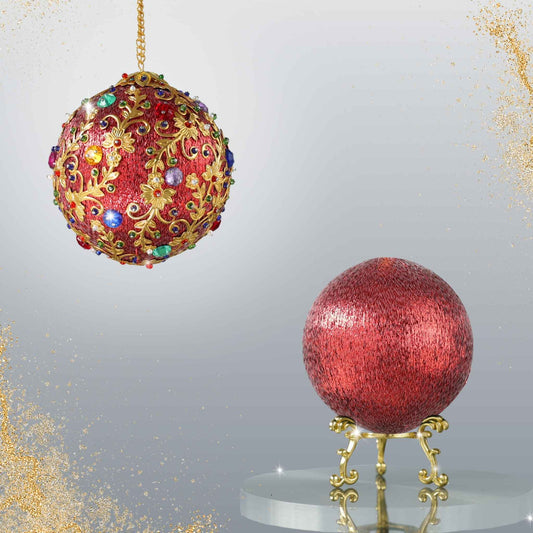 Two satin balls in a stanning shiny metallic red - one is a completed push pin ornament, and the other is a green foam base to be used for a DIY craft project by Whim5seasons.