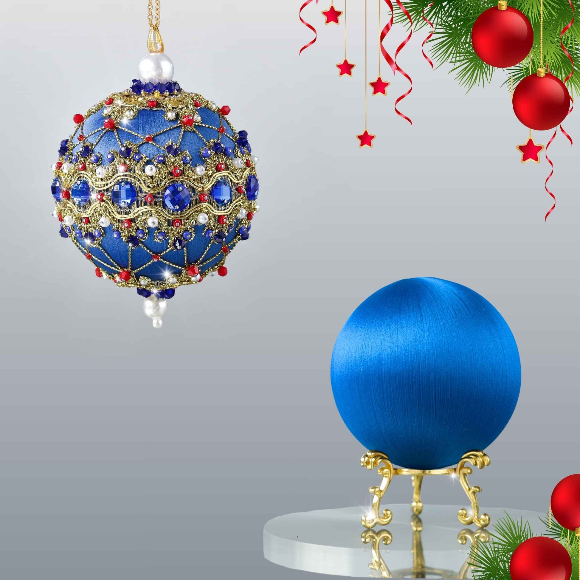 Christmas push pin ornament kit showing two satin foam balls - one is a completed handmade ornament, and the other is a clean shiny core for crafting by Whim5seasons.