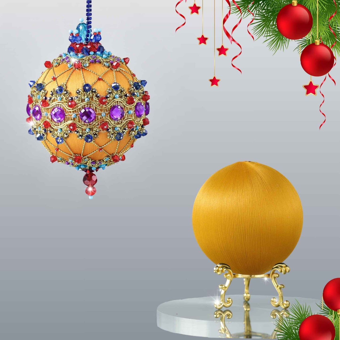 Two push pin satin ornaments of mustard color. One is handmade and finished Christmas ornament, and the other is on a gold stand .Completed push pin ornament features purple rhinestones, blue beads, and gold cording by Whim5seasons.