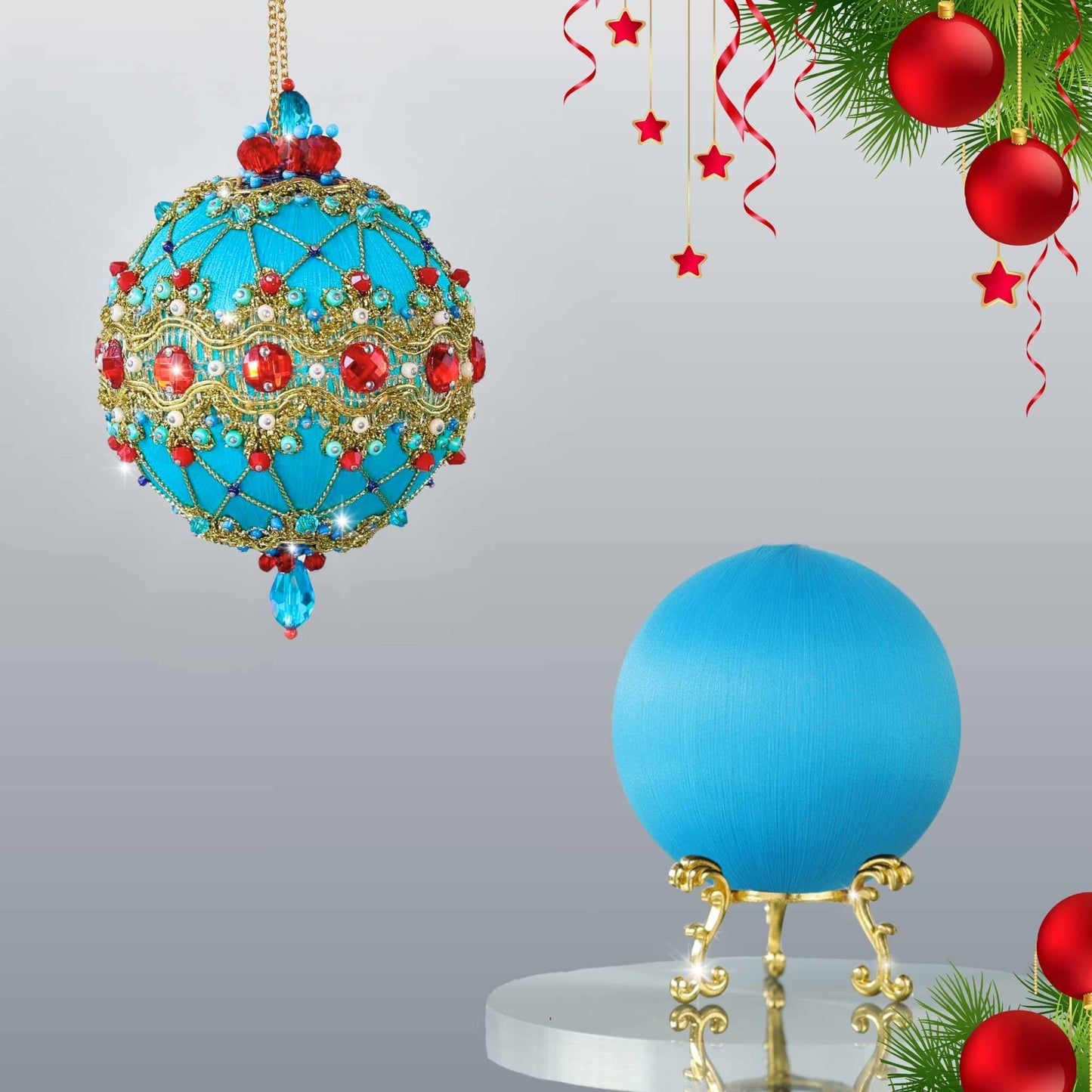 Push pin ornament kit showcasing a finished bright teal-colored handmade Christmas ornament with red rhinestones and a satin foam core for crafting another ornament by Whim5seasons.