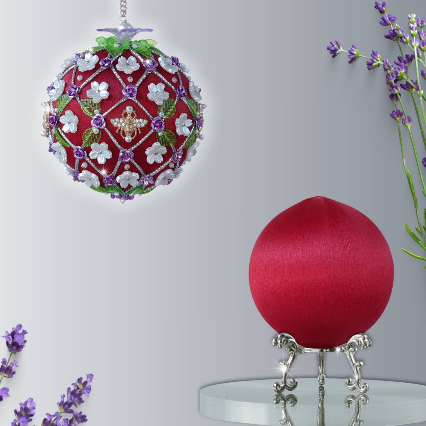 Christmas push pin ornament kit with two satin balls - one burgundy finished beaded ornament, and the other is to embellish with flowers and sequins by Whim5seasons.