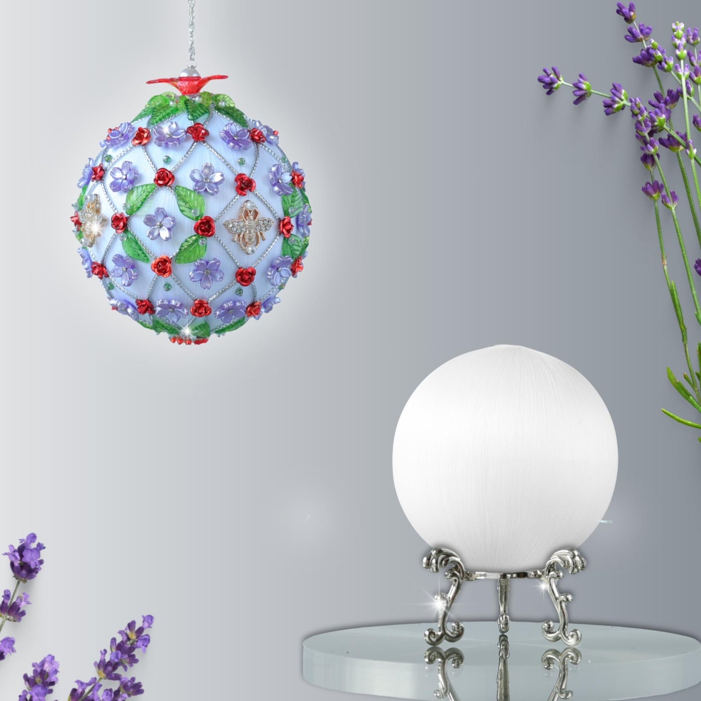 Push pin ornament kit ready to go: white satin  ball, crafting materials, clear container against a floral background. From whim5seasons.