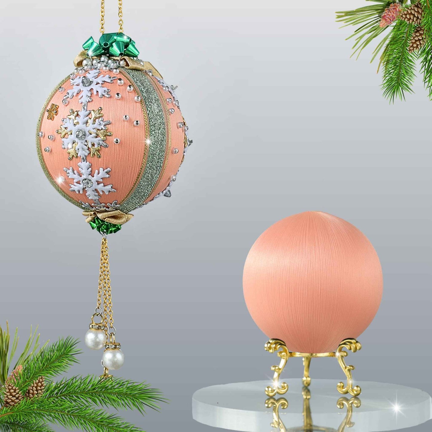 Two peach-colored satin balls - one is a completed handcrafted satin ornament, and the other is a foam ball to be used for a DIY Beaded Push Pin Christmas craft project by Whim5seasons.