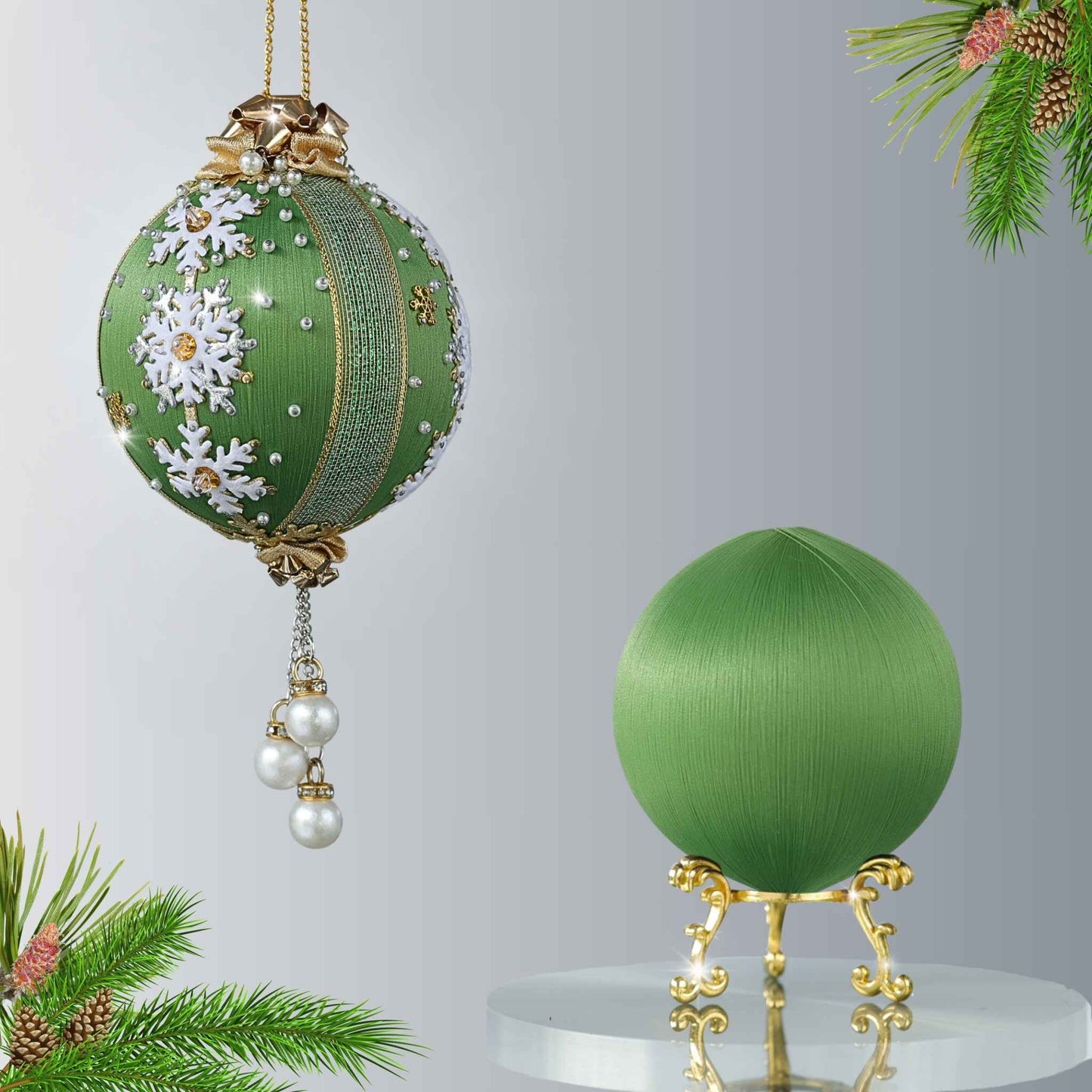 Two olive green satin balls - one is a completed handmade satin ornament, and the other is a olive green foam ball to be used for a DIY Christmas craft project by Whim5seasons.