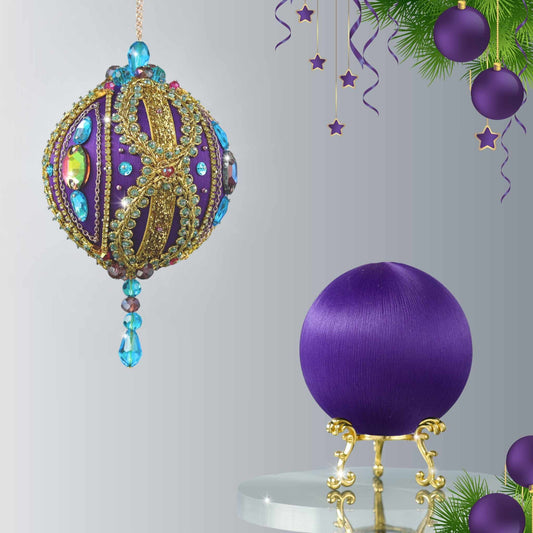 DIY Christmas Beaded Satin Ornament Kit showing a completed ball embellished with glass rhinestones, gold braided trim, and crystal beads, and a bare foam core ball wrapped in satin threads by Whim5seasons.
