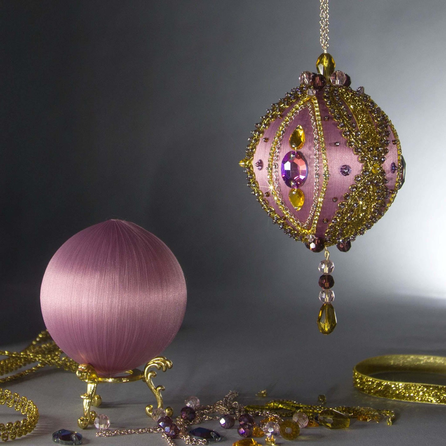 Christmas Beaded Ornament Kit Ball embellished with glass rhinestones, rose gold chains, and glass beads by Whim5seasons.