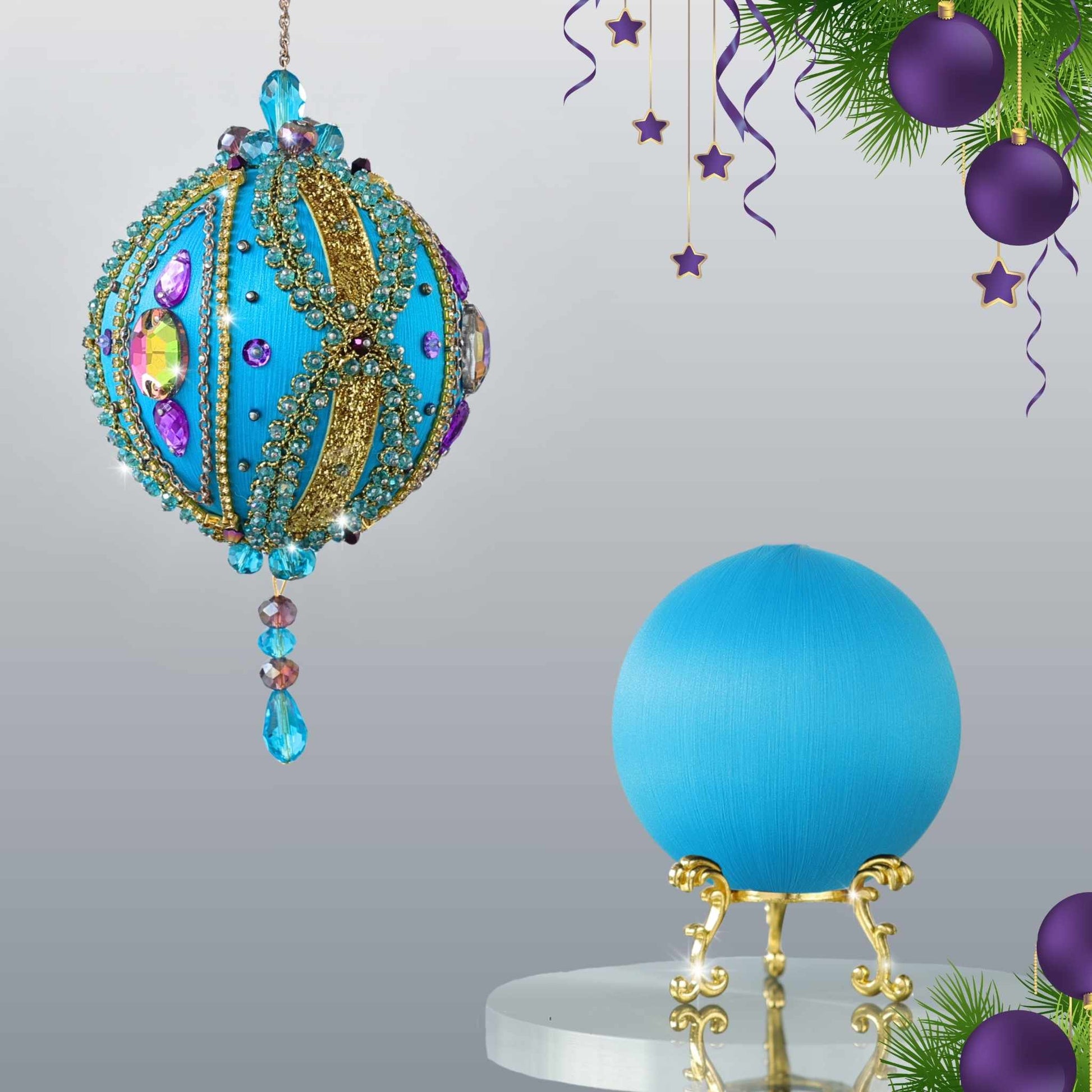 Christmas Beaded Ornament Kit - Satin Ball for a DIY project on a gold stand and an handmade completed decoration embellished with glass rhinestones, gold braided trim, and crystal beads by Whim5seasons.