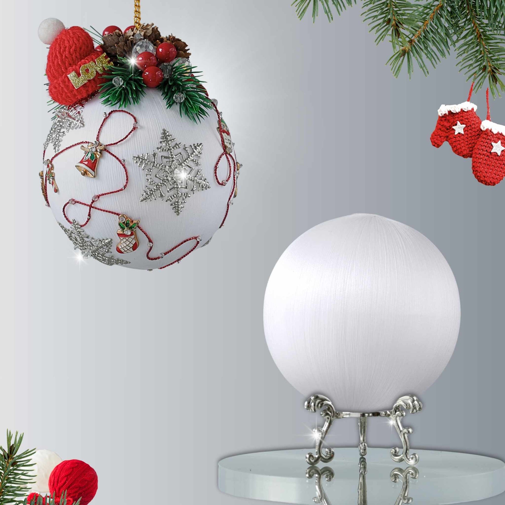 Sequin & beaded Christmas ornament kit showing two satin balls - one is a finished handmade Christmas decoration with snowflakes, alloy charms, and the other is a bare foam core for the DIY craft project by Whim5seasons.