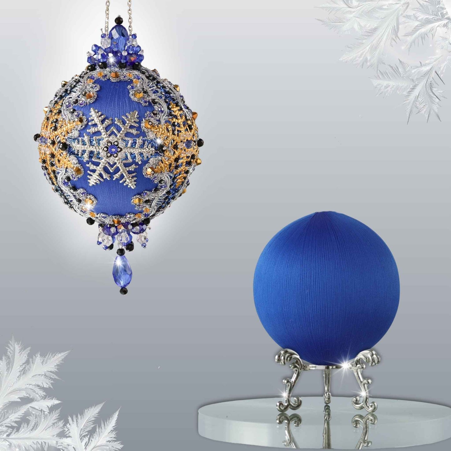 DIY push pin ornament kit: one ball is a finished handmade ornament, and the other is a blue foam base with a Christmas branch by Whim5seasons.