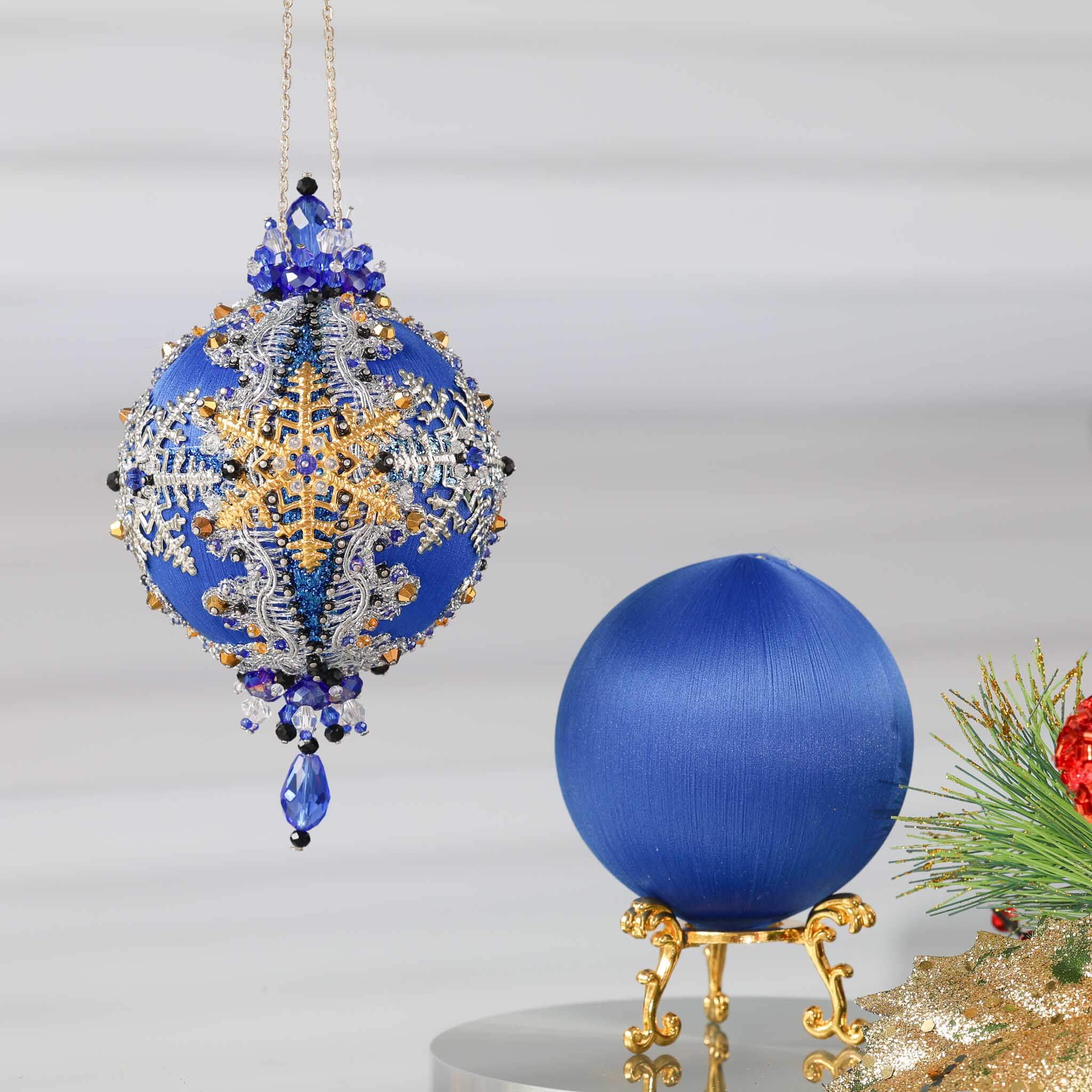 DIY push pin ornament kit: one ball is a finished handmade ornament, and the other is a blue foam base with a Christmas branch. (Blue)