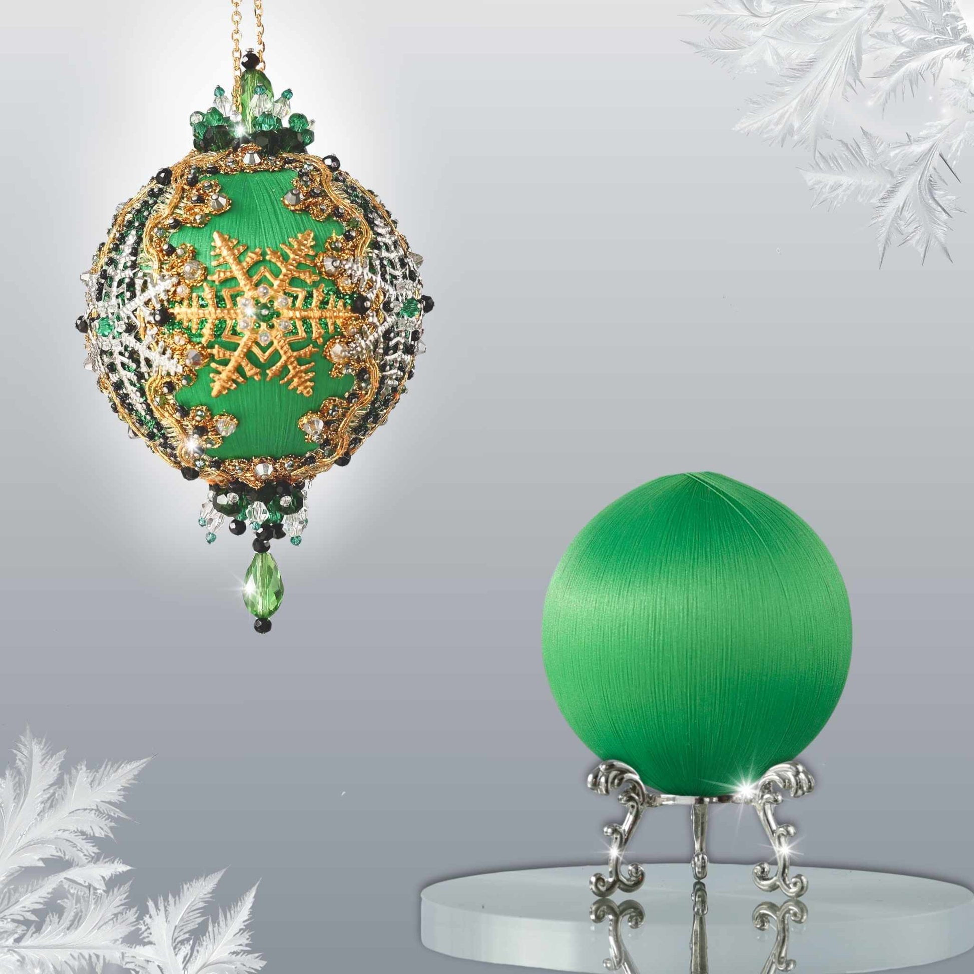 Two satin balls - one is a finished handmade push pin ornament, and the other is a green foam base with a Christmas branch by Whim5seasons.