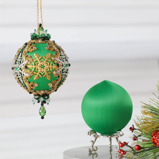 Two satin balls - one is a finished handmade push pin ornament, and the other is a green foam base with a Christmas branch. (Green).