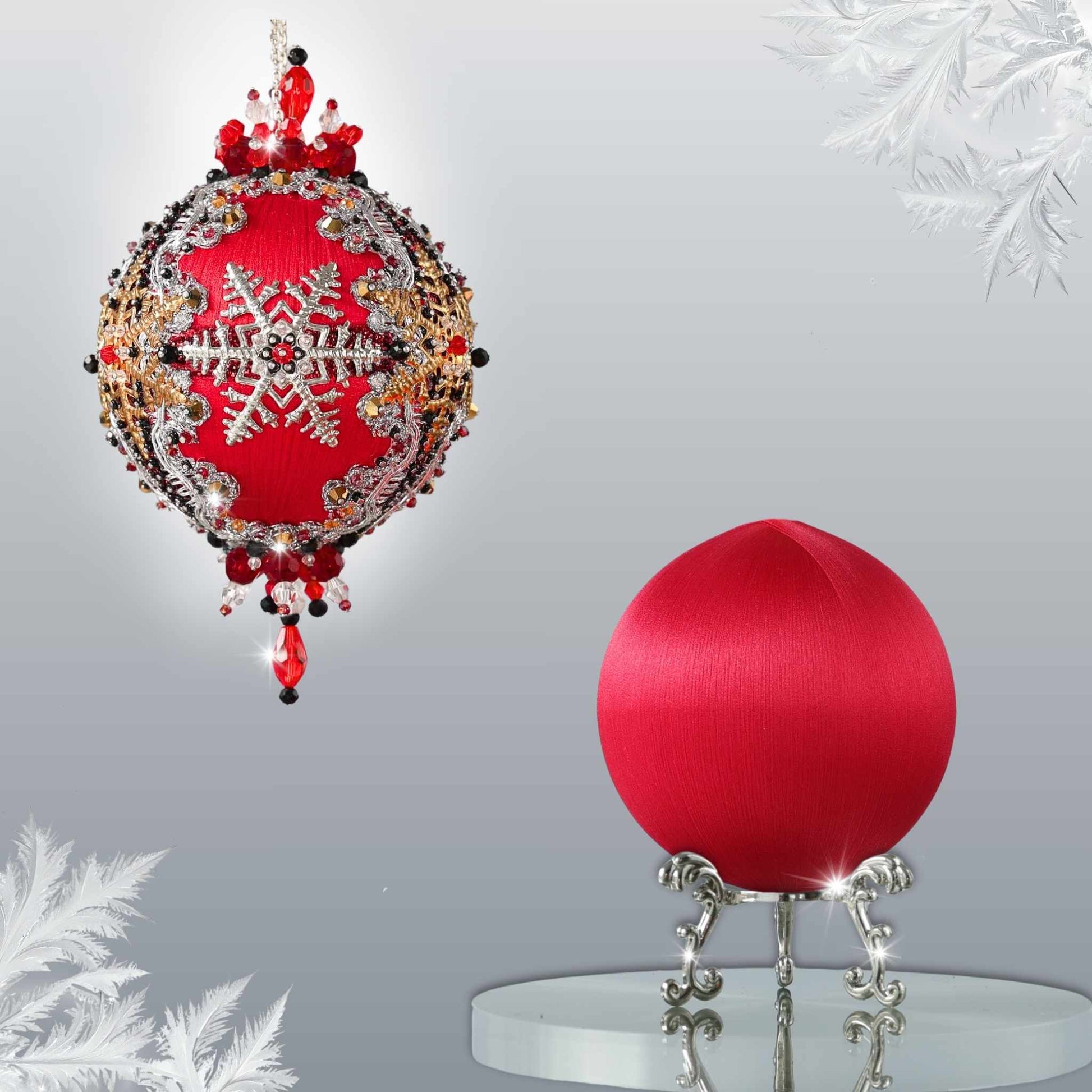 Two satin balls - one is a completed push pin ornament, and the other is a green foam base to be used for a DIY craft project by Whim5seasons.
