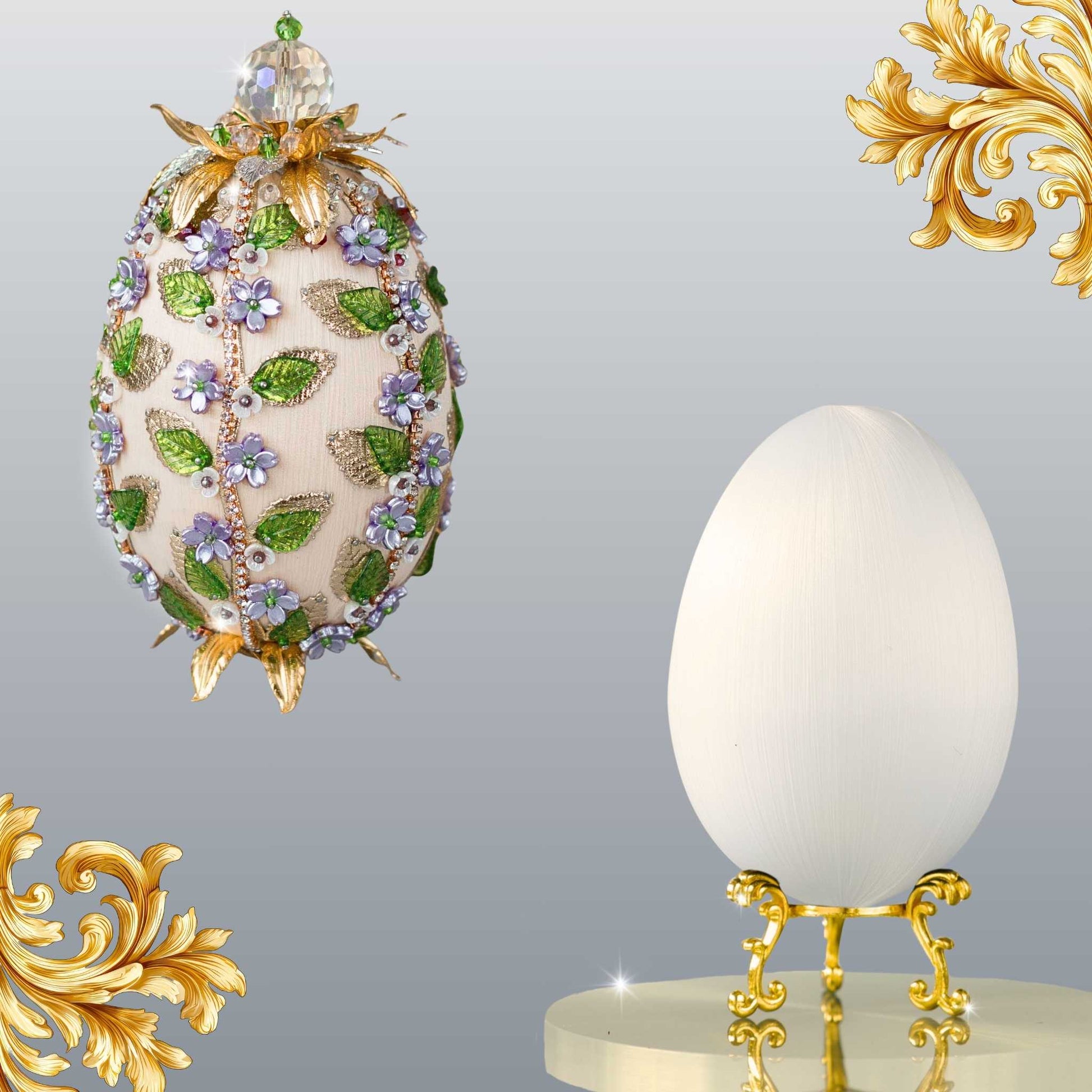 Faberge inspired elegant Easter Egg Beaded Ornament Kit presents flowers, gold alloy leaves, gold floral trim, and crystal beads by Whim5seasons.