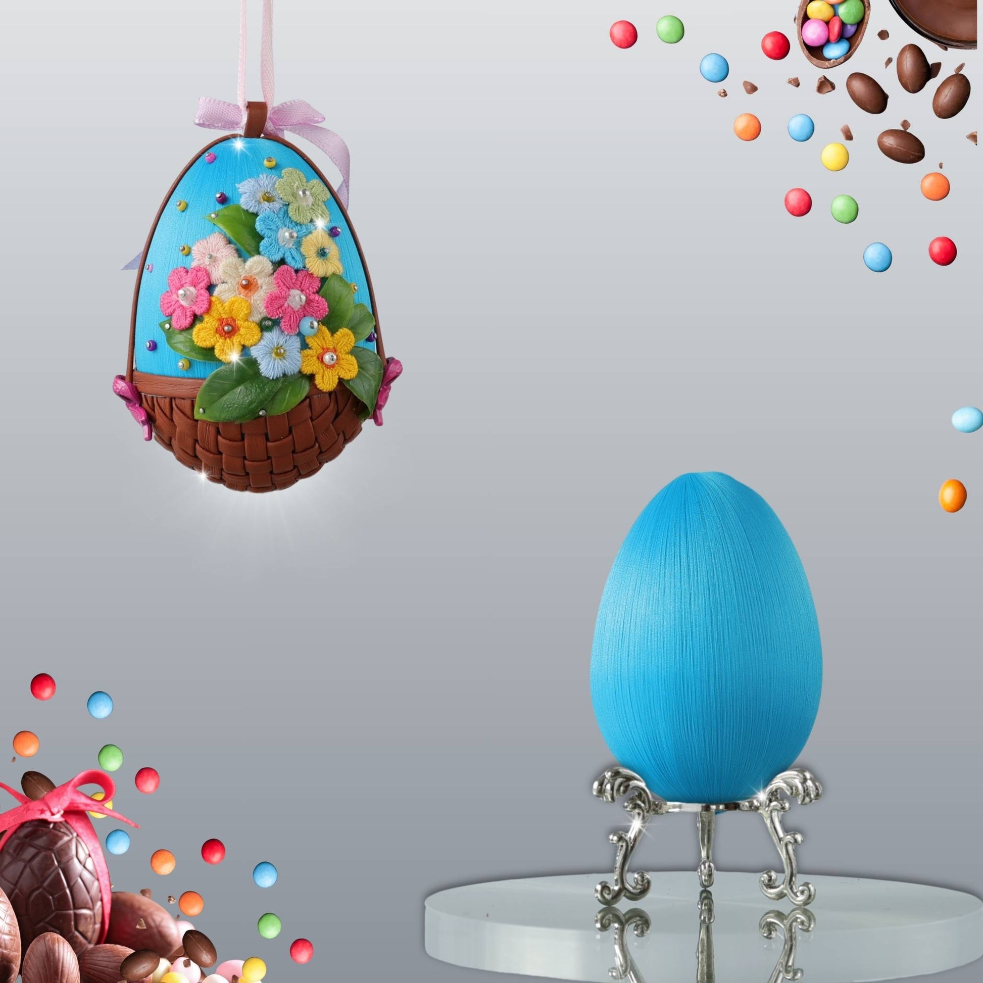 Easter egg push pin kit featuring a foam core blue egg on a silver stand and a finished beaded easter decoration by Whim5seasons.