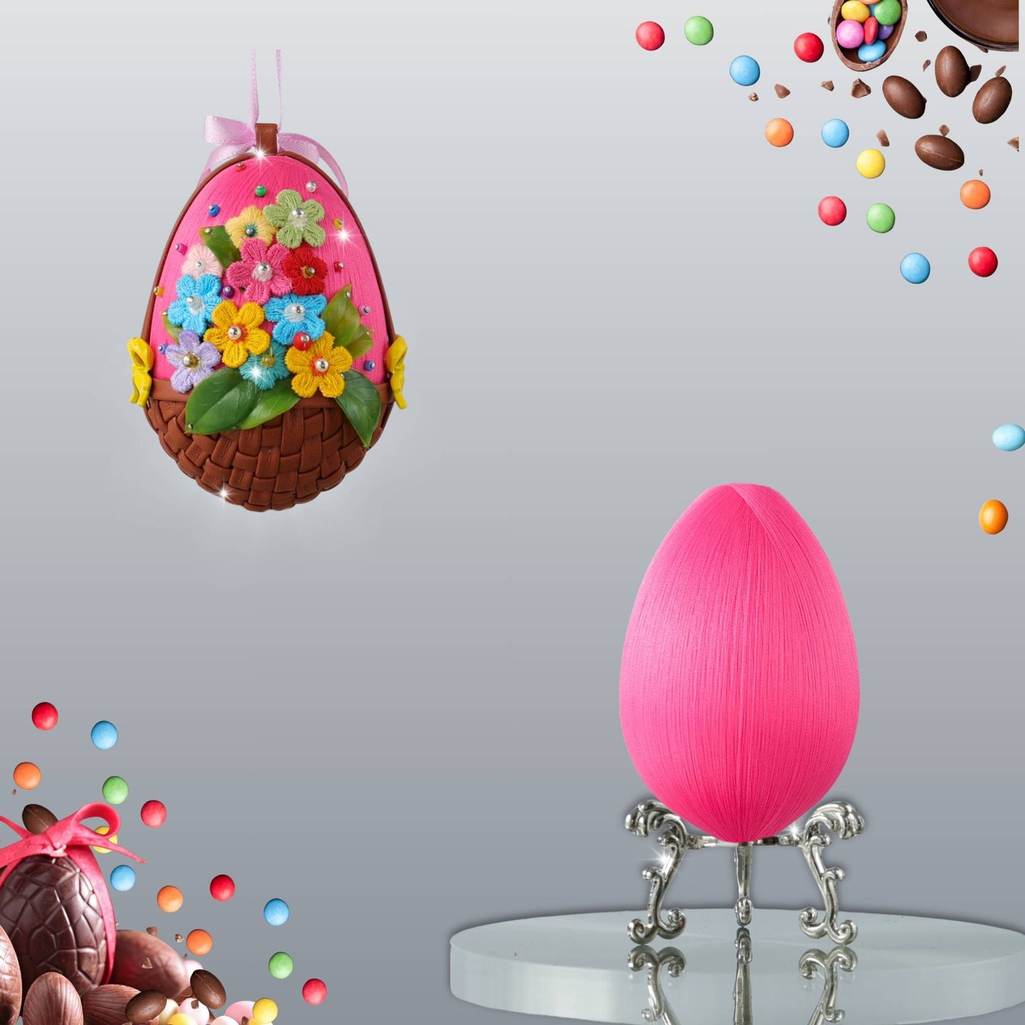 Colorful Easter egg push pin ornament kit showcasing the start of the project - a bare foam core egg, and a finished result - handcrafted easter egg ornament by Whim5seasons.