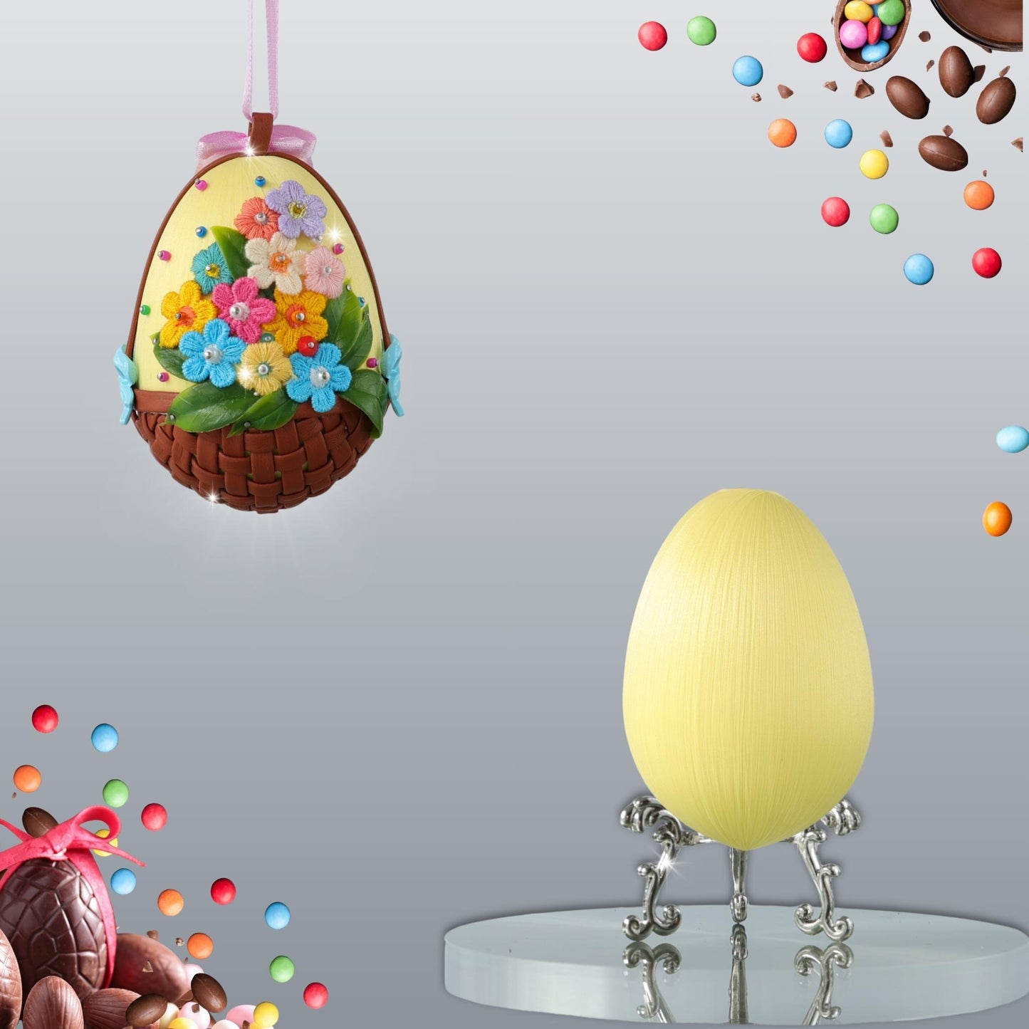Fun festive DIY Easter Egg Push Pin Ornament Kit showing two satin eggs - one is a finished handcrafted yellow egg, and the other is a foam core base by Whim5seasons.
