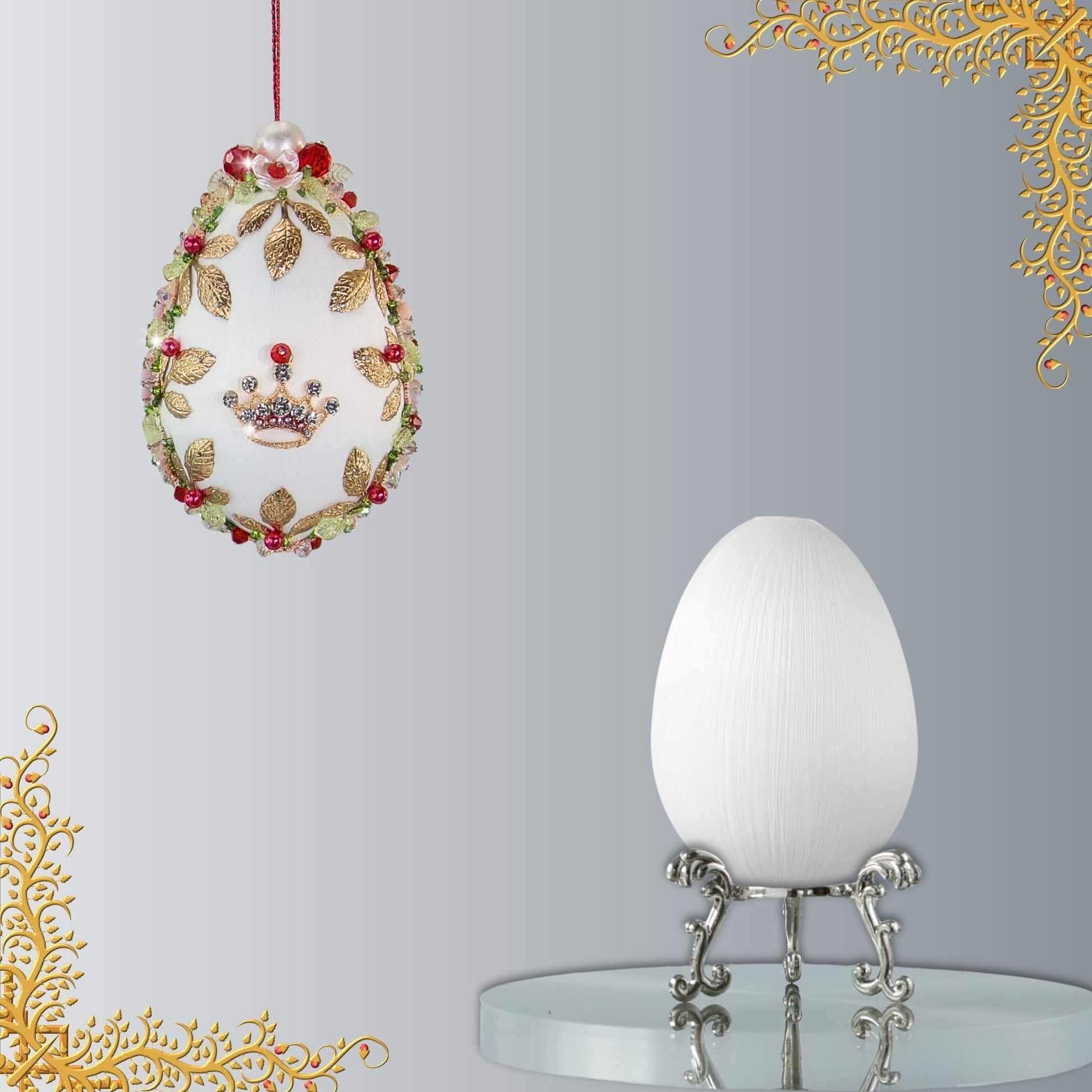Complete Kit to make Easter Egg Beaded Ornament using satin foam core, flowers charms, leaves, gold floral trim, cameo, and crystal beads by Whim5seasons.