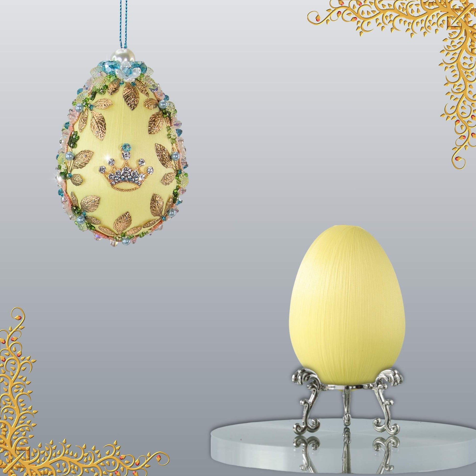 Complete Kit to make an Easter Egg Beaded Push Pin Ornament embellished with flowers, leaves, gold floral trim, cameo, and crystal beads by Whim5seasons.