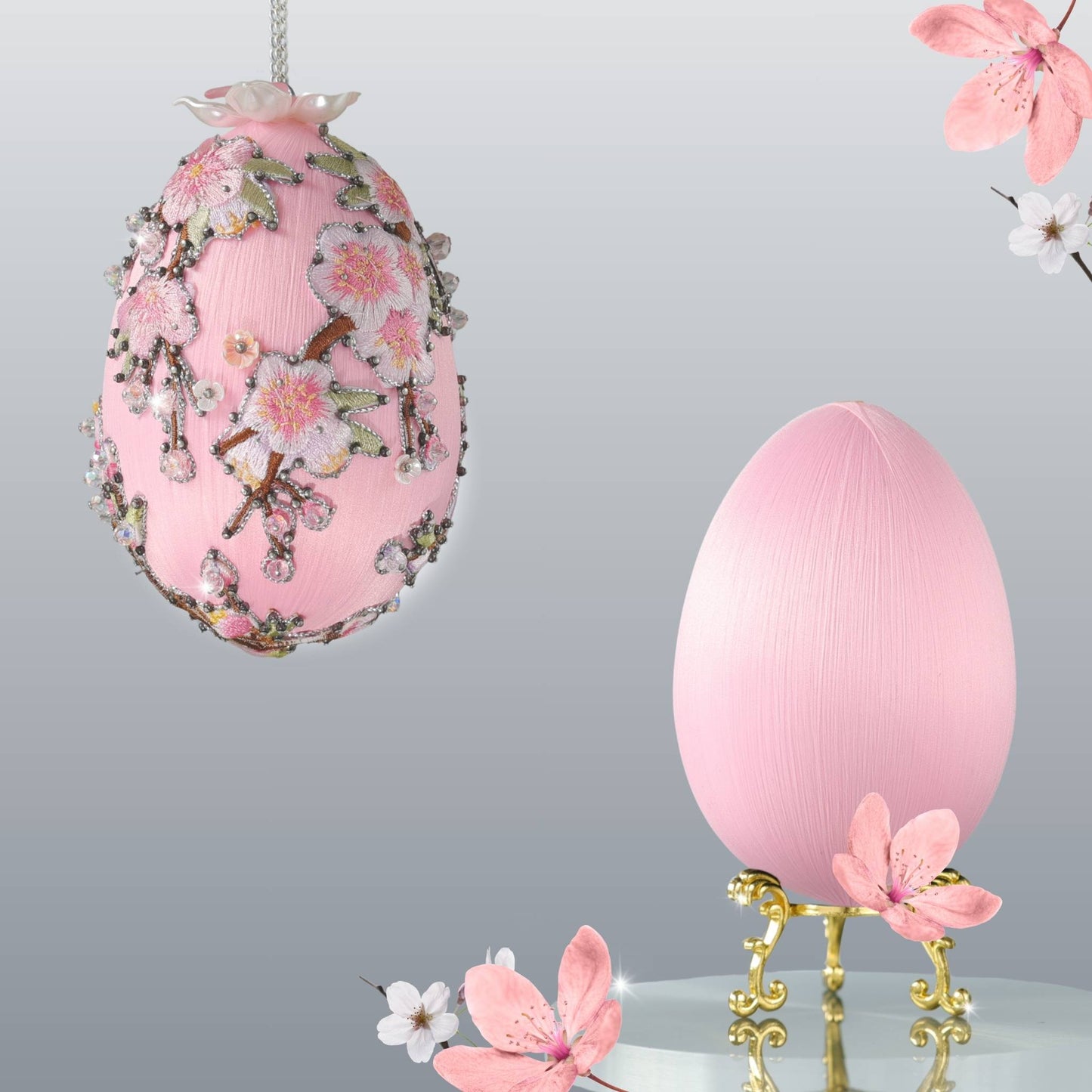 Large 4” DIY Beaded Easter Egg Satin Ornament Kit features pink satin core with pink plum bloom blossom embroidery patches  and silver cording by Whim5seasons.