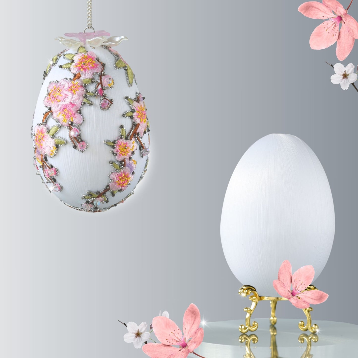 DIY Easter Egg Push Pin Ornament Kit  - white satin egg for the project and a completed handmade sequin & beaded ornament with pink plum blossoms and silver cording on a gray background by Whim5seasons.