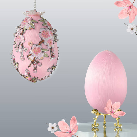 Beaded Easter Egg Satin Ornament DIY Kit by Whim5seasons - pink satin core with pink plum bloom and silver cording. by Whim5seasons.