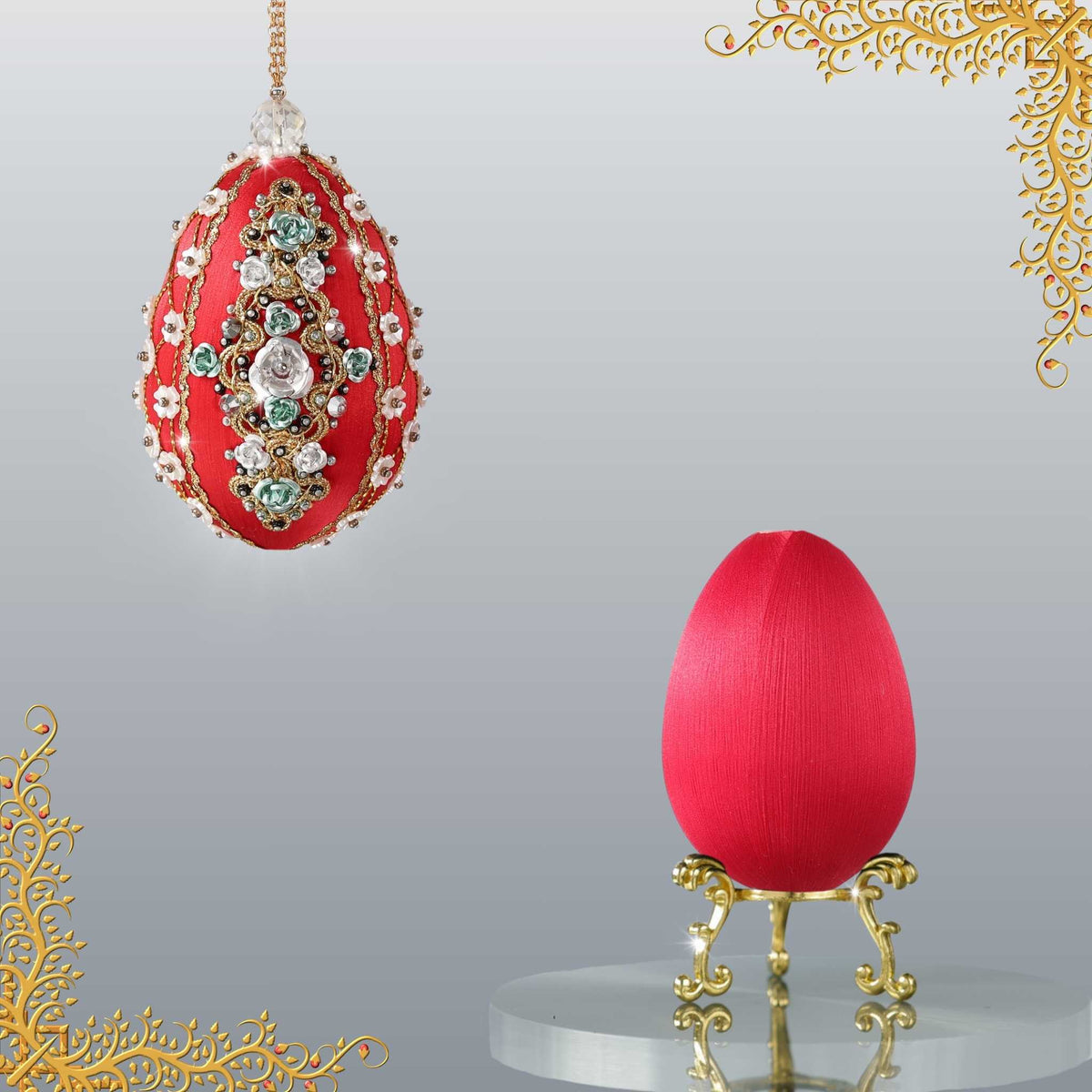 Easter Egg Push Pin Ornament  Kit features a luxurious red satin egg, aluminum rose embellishments, gold beads, and metallic trim like  Faberge by Whim5seasons.
