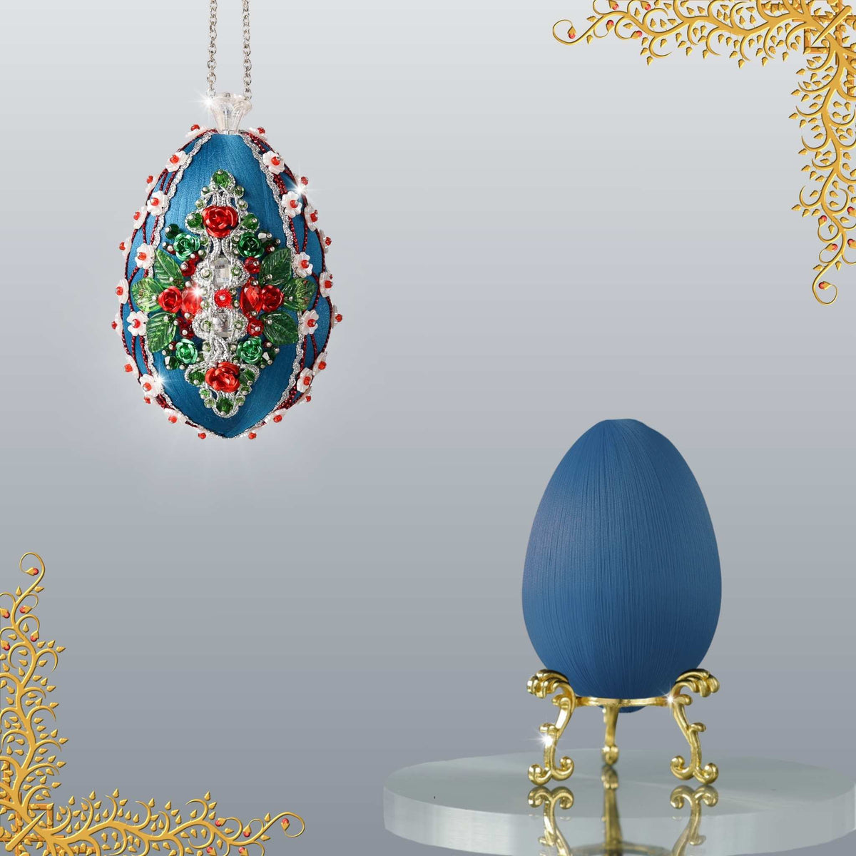 Easter Egg Push Pin Ornament  Kit Sonata features a premium dark blue satin  gold egg shaped core, aluminum rose embellishments, gold beads, and metallic trim by Whim5seasons.