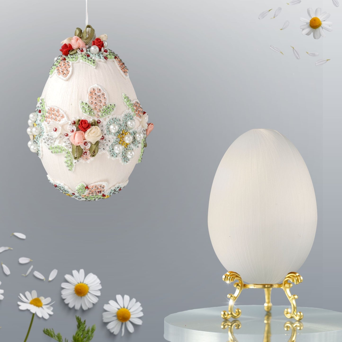 Large Easter egg push pin ornament kit shows one finished handmade ornament and a 4" foam core for a project by Whim5seasons. (Old Lace) 