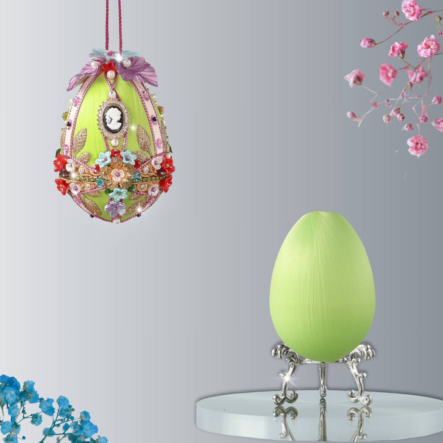 Easter Egg Push Pin Ornament  Kit features a lime-colored satin egg shaped core, cameo, leaf charms, and flower embellishments, gold beads, and a metallic trim by Whim5seasons.